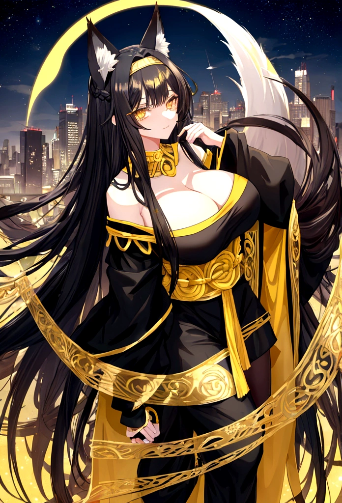 black hair, yellow eyes, My hair is very long., Big Hair, tall woman, fox ears, black shorts, night sky, city, big breasts!!, Many women., black headband, older,