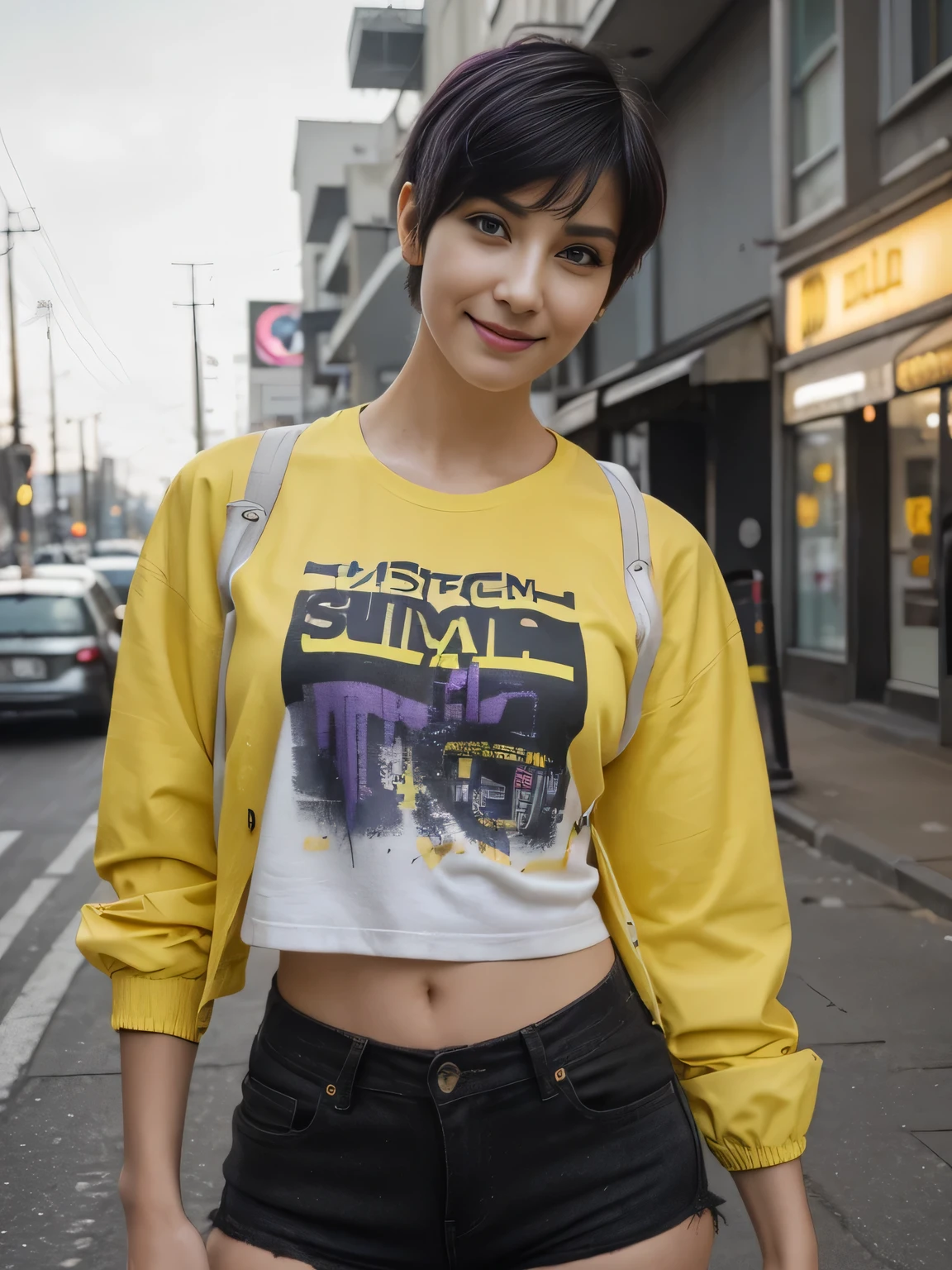 8k, RAW photo, best quality, ultra high resolution, photorealistic, slim girl with black purple short undercut haircut, eye makup, smiling, perfect hands, five fingers, Beautiful cyberpunk girl looking at camera, multicolor tech jacket, (yellow t-shirt), detailed muscles, realistic masterpiece, standing in street