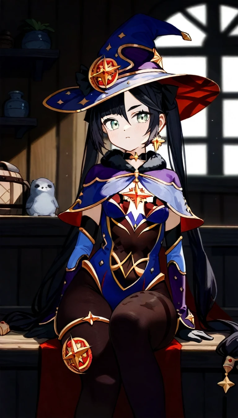 masterpiece,Ultra HD,score_9, score_8_superior, score_7_superior, score_6_superior, score_5_superior, score_4_superior BREAK source_anime, One girl, alone, Mona XL, Long black hair, Green Eyes, tsurime, Twin tails, Medium chest, Witch Hat, Body stockings, leotard, Elbow hand pockets, Thigh guard, fur-trimmed capelet, Fantasy,Inside the hut, Sitting, View your viewers,