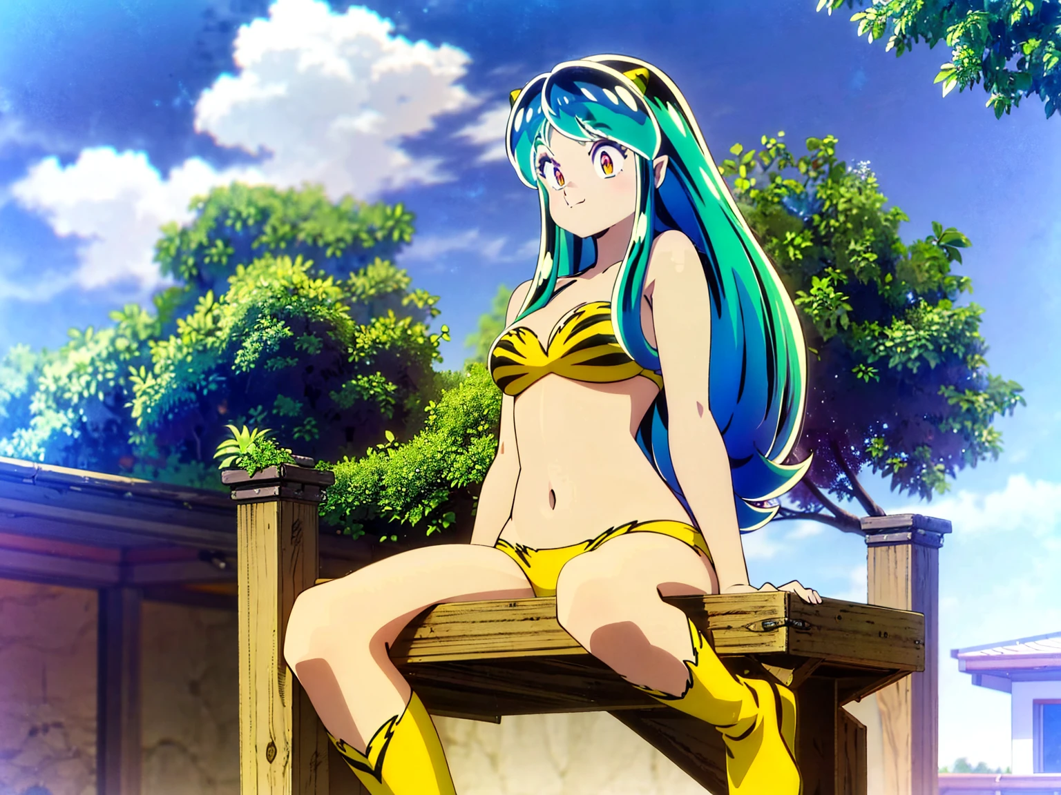 Tabletop, Highest quality, Ultra-high resolution, Highest quality, Anime Style, Alien Girl, They are, , Attractive girl, Long Green Hair, Yellow horn, Ram, Ram_Bikini, Yellow tabby bikini, A carefree smile, Animated facial expressions, Face Focus, close, squatting, pov