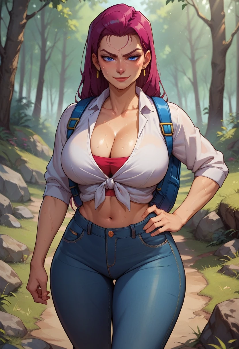 score_9, score_8_up, score_7_up, score_6_up, BREAK Jessie, wearing hiking outfit, backpack, cleavage, big breasts, seductive smirk, hands holding own hips, sweating, wide hips, big ass, in a forest, jeans, long sleeved shirt