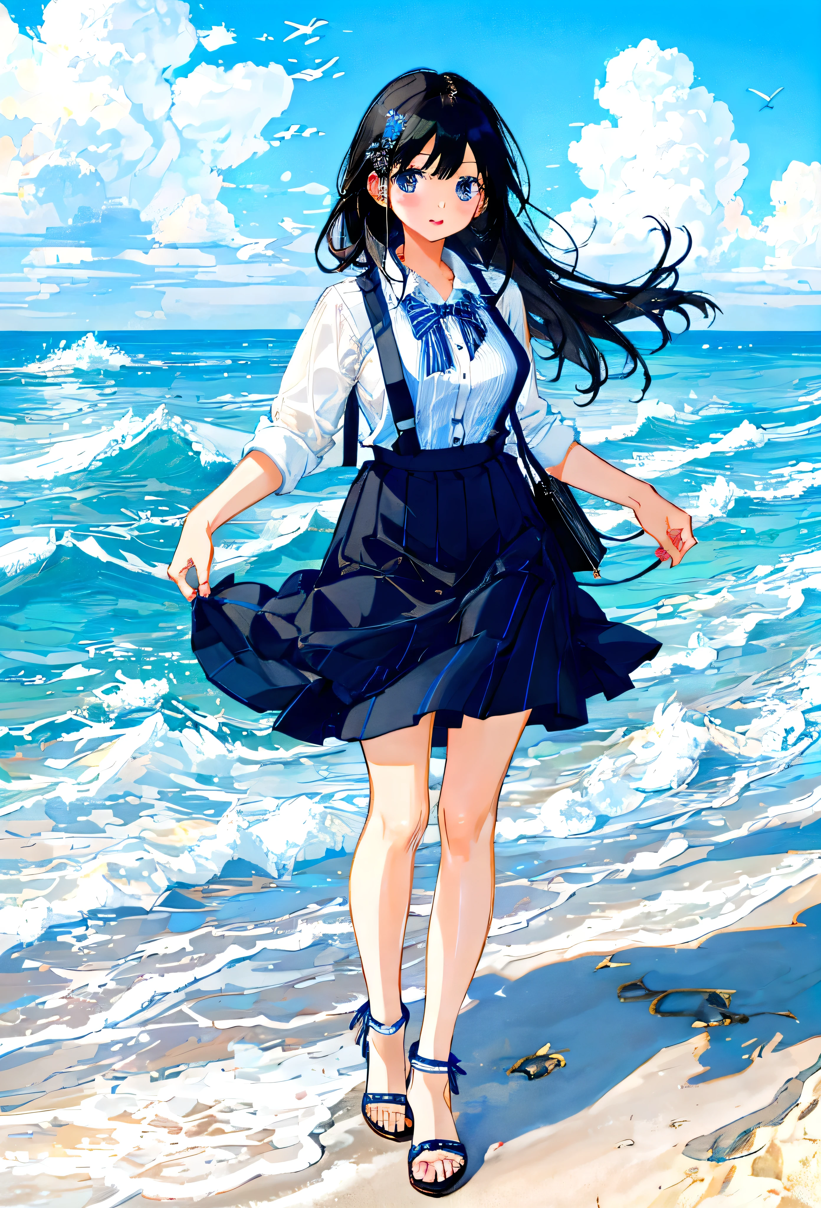 At the beachfront drink shop,Black hair girl,Wearing a blue striped suspender skirt