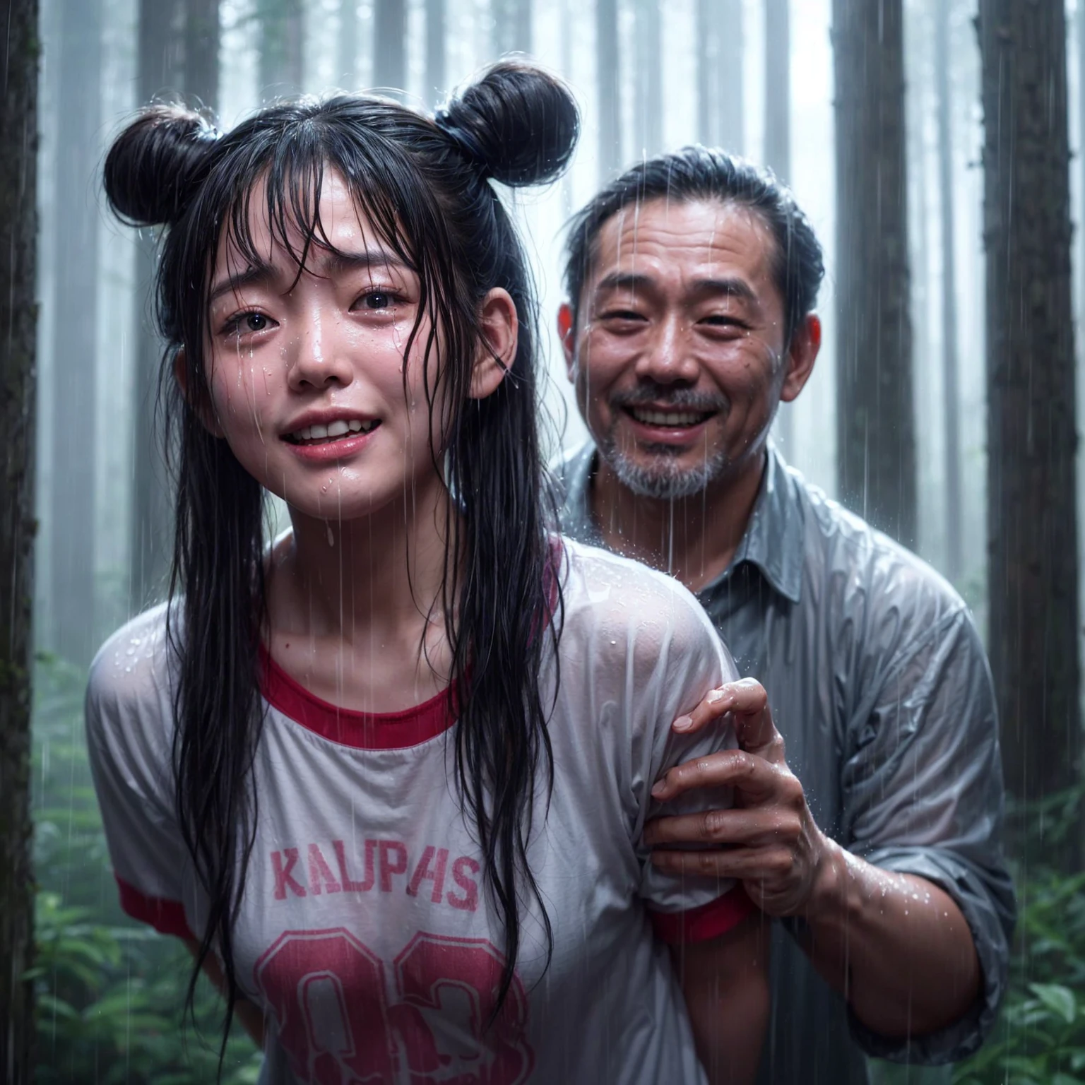 "A beautiful -yeld Kon woman, crying, caught in the rain with wet clothes, wearing a t-shirt, ponytail with two space buns, being grabbed from behind by a 40-year-old Indonesian man with a creepy smile. The background shows a forest scene with tall trees, realistic."