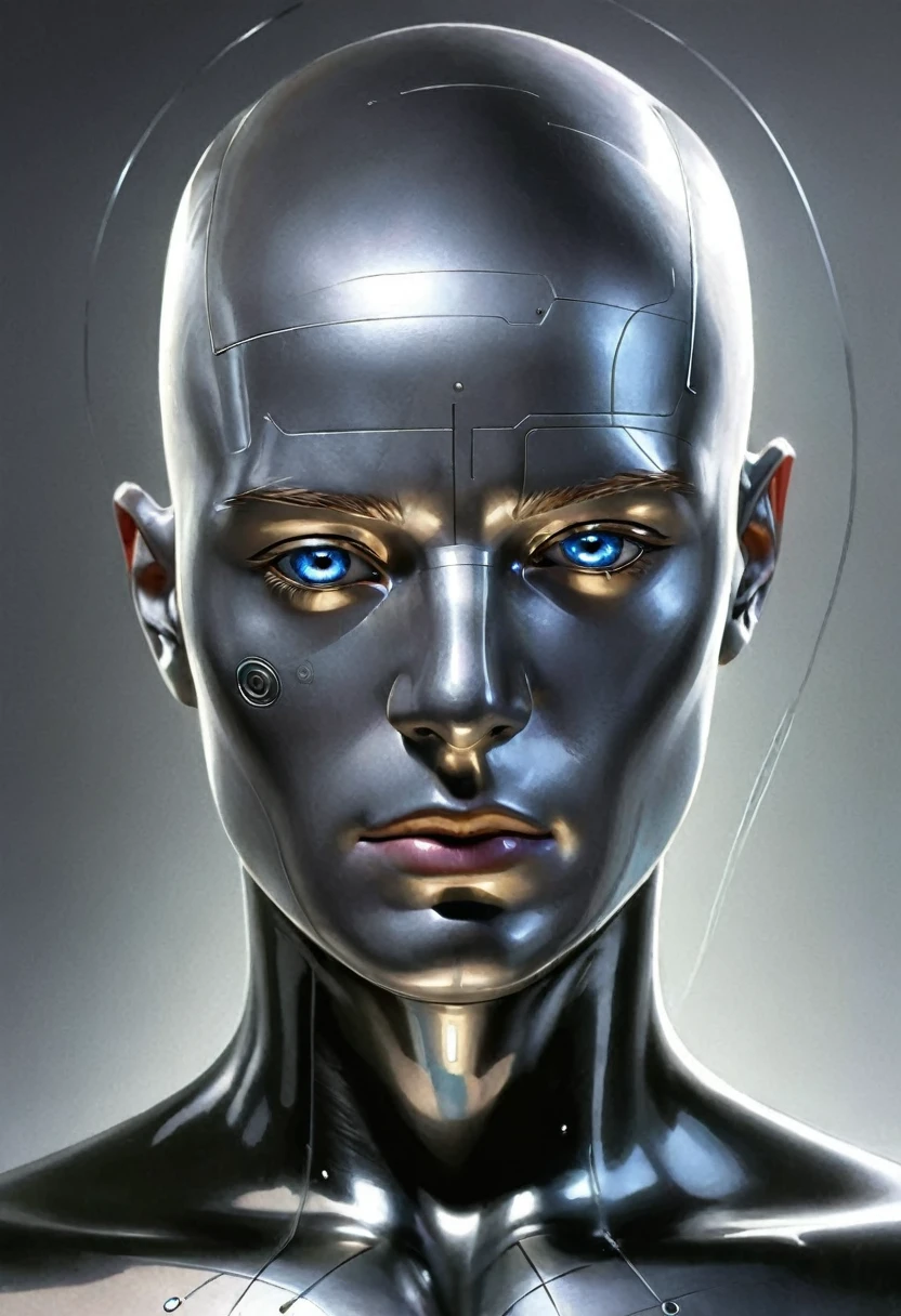 1 futuristic bald man, plano americano , without any facial features, It seems that his face is lined with some type of texture, (ntf image), digital human, (divide the head the body, split real human , inside digital man), 