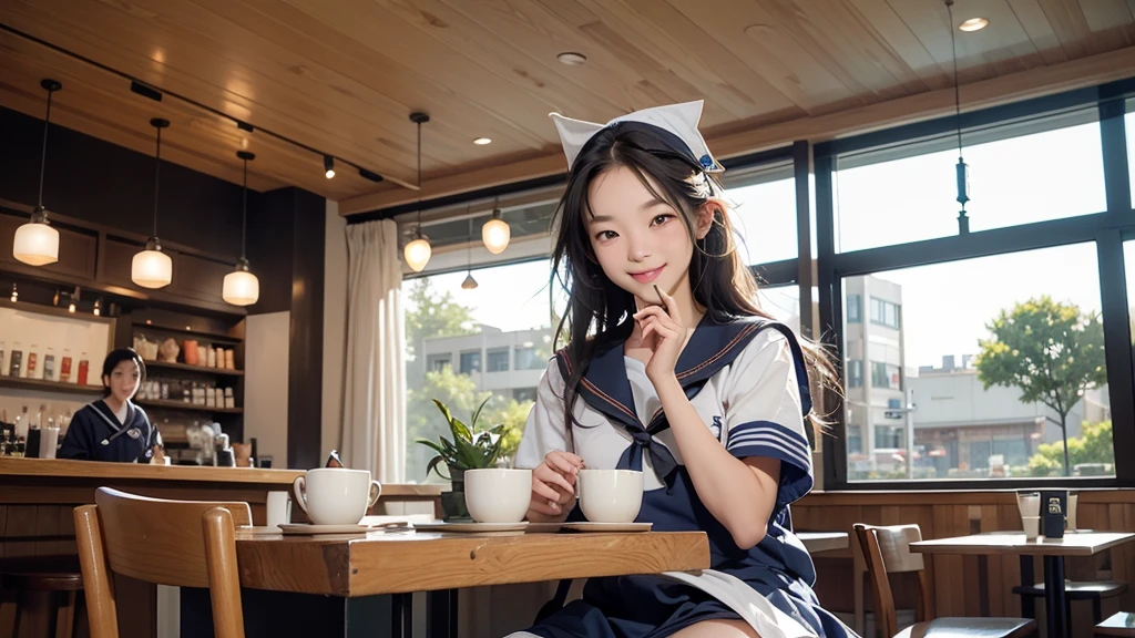 
((((((( in sailor suit)))))))
(((((お洒落でcuteInside the Starbucks store)))))
8K、RAW Photos、Highest quality、Super detailed、Super Resolution、Ultra HD、8K壁紙、Amazing details



(((((((Inside the Starbucks store)))))))、((((((Sit down and eat cake、Drink Starbucks coffee、smile))))))、((Heart Necklace))




Modern and sleek design：Interior design using natural materials、Many of the designs are warm and made using wood and metal.。
Large windows：自然光をたっぷり取り入れるためのLarge windowsがあり、Providing a bright and open space。
Green Interior：Potted plants are effectively placed、It creates a relaxing atmosphere。
artwork：Works by local artists、Starbucks-related art on display。
Cozy seating：Cushioned chairs and sofas、Bar sheet etc.、A variety of seating options available。
Open kitchen area：Being able to see how drinks and food are made、We provide peace of mind and transparency。
Unique lighting：Antique lamps and chandeliers、Modern lighting fixtures are used。
Comfortable background music：Relaxing music is playing、A comfortable space is provided。
Wide々Table space：一人でもグループでも使いやすいWide々There is a table with。
Community Table：There is a large table where you can socialize with other customers.。
Seasonal decorations：The decorations are themed according to the season.。
Design with a local feel：The design incorporates the local culture and characteristics.。
Fragrance production：コーヒーの香りが店内にWideがり、A space that satisfies the five senses has been created.。
Conversation with a barista：フレンドリーなConversation with a baristaが楽しめるカウンターエリアがあります。




8K、RAW Photos、Highest quality、masterpiece:1.2、Super detailed、Super Resolution、Ultra HD、8K壁紙、Amazing details、Photorealistic:1.4、Having fun by the water、Full Body Shot、Full body photo、High-resolution RAW color photos、Professional photos、A scene full of emotion、Very detailed and beautiful、Ultra HD、8K壁紙、Amazing details、Huge file sizes、Highly detailed beautiful girls、Highly detailed face Highly detailed eyes、Extremely realistic skin、 Highly detailed fingers, Highly detailed nose, Highly detailed mouth, Perfect Anatomy, Highly detailed background, Highly detailed clothing, Teen, cute女の子, Famous Japanese Idols, cute, Realistic body, Slender, White skin, Glowing Skin, Slim body, Realistic Face, Delicate eyes, double eyelid, 

