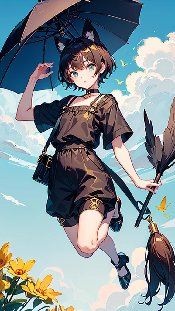 A boy with cat ears jumping on the clouds、Short Hair、Black glossy hair、Curly hair on the outside、Gold and blue eyes、Black and grey string choker with bells、((big leaf umbrella）have））Jumping between the clouds、Blue short sleeve、jumpsuit with shorts、Brown waist pouch、Red boots、One is wearing、One is coming off、Yellow Small(A bird is perched on top of my head）