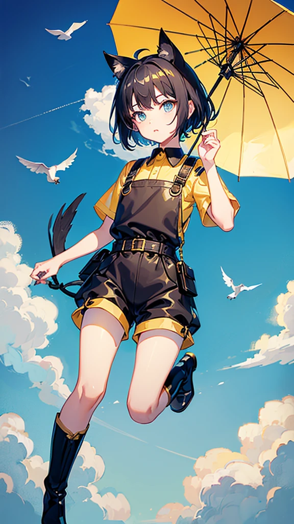 A boy with cat ears jumping on the clouds、Short Hair、Black glossy hair、Curly hair on the outside、Gold and blue eyes、Black and grey string choker with bells、((big leaf umbrella)have))Jumping between the clouds、Blue short sleeve、jumpsuit with shorts、Brown waist pouch、Red boots、One is wearing、One is coming off、Yellow Small(A bird is perched on top of my head)