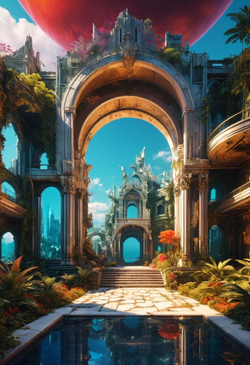 Complex background (((Mysterious ruins))):3.3 Faraway Unknown Land, change, Futuristic, Very detailed, Movie, Rendering style (3DMM_v12) 3DMM, Stylish and bold design, Clear and shiny lines, Digital Illustration, Bright finish, Aesthetic, 无可挑剔的detail, Visually striking, endowed with Bright finish, Bathed in 3D light, Hugh Hefner (Hugh Hefner) Refining, Add to_detail_XL-fp16 algorithm, 4D Octane Rendering, injection with global illumination and precise line art, 使用宏来软change, Run with V-Ray, A classic example of visionary art, The fine line between elegant perfectionism and pop-art consumerism, injection, aw0k Euphoric Style --niji 50 --testp --chaos 50