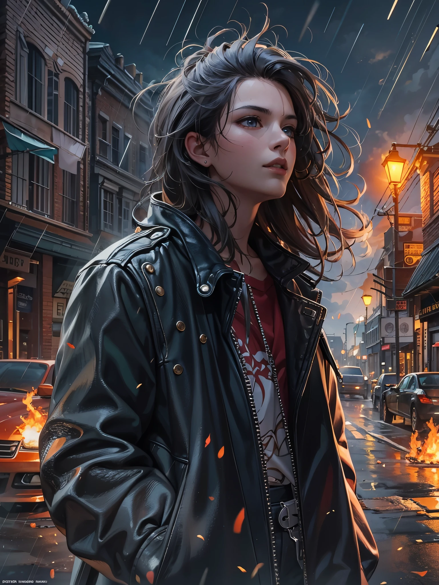 ((Highest quality)),(Ultra-high resolution),(Super detailed),(Detailed Description),((The best CG)),(masterpiece),Highly detailed art,(Art with precise details:1.5), Black flames burning on the street:1.4, Breaking it all:1.4, hot day:1.6, Glare:1.3, Like a rolling stone:1.3, Strong winds:1.7, cold rain:1.6