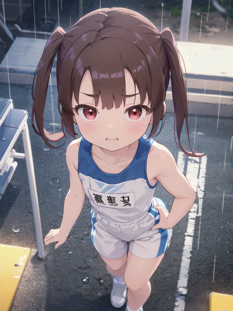 1girl,A view from above,(Aerial),Watching the audience,Outdoor,night,rain,Light,White square bib number,White gym clothes,Red eyes,Long twin tails,Brown Hair,Eyebrows visible through hair,Flat Chest,30m brown rope_cling,Focus on face, 