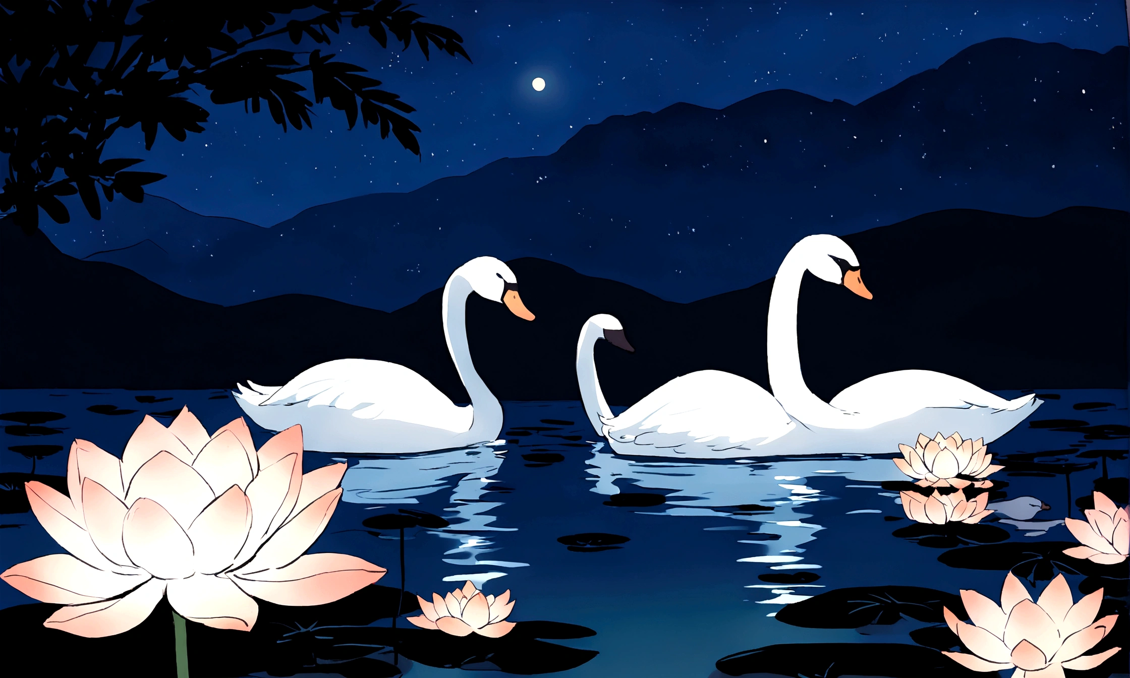A swan 🦢 looking at his dead mate swan reflection on the lake, ((lotus)), ((night time)),