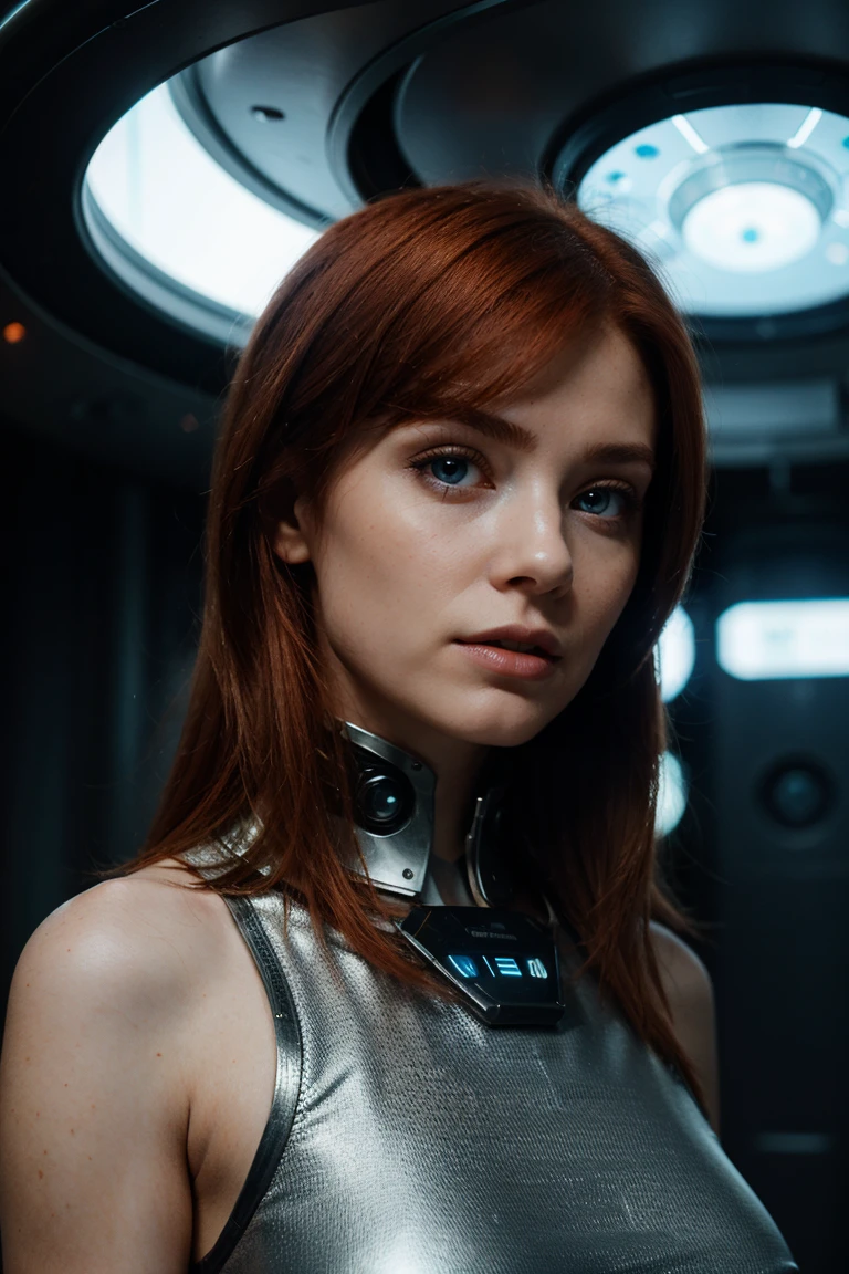 photo of a redhead woman, in the space, futuristic space bra, (parts:0.8) Beautiful face, Science fiction, dystopian, detailed eyes, Blue eyes