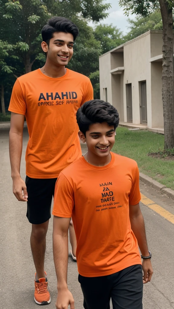 18 years old two indian boys walking on road, they are talking each other with laughing, first boy is wearing Orange T-shirt, with name “Ahad” and second boy wearing Black T-shirt, with Name “Samad” is written, realistic image, 4k quality image. the words best friends written at top sky , make sure there name should be visible in there tshirt
