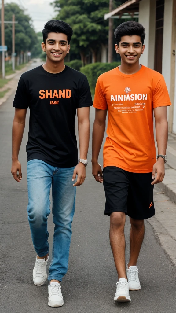 18 years old two indian boys walking on road, they are talking each other with laughing, first boy is wearing Orange T-shirt,  with name “Ahad” and second boy wearing Black T-shirt, with Name “Samad” is written, realistic image, 4k quality image. the words best friends written at top sky , make sure there name should be visible in there tshirt 