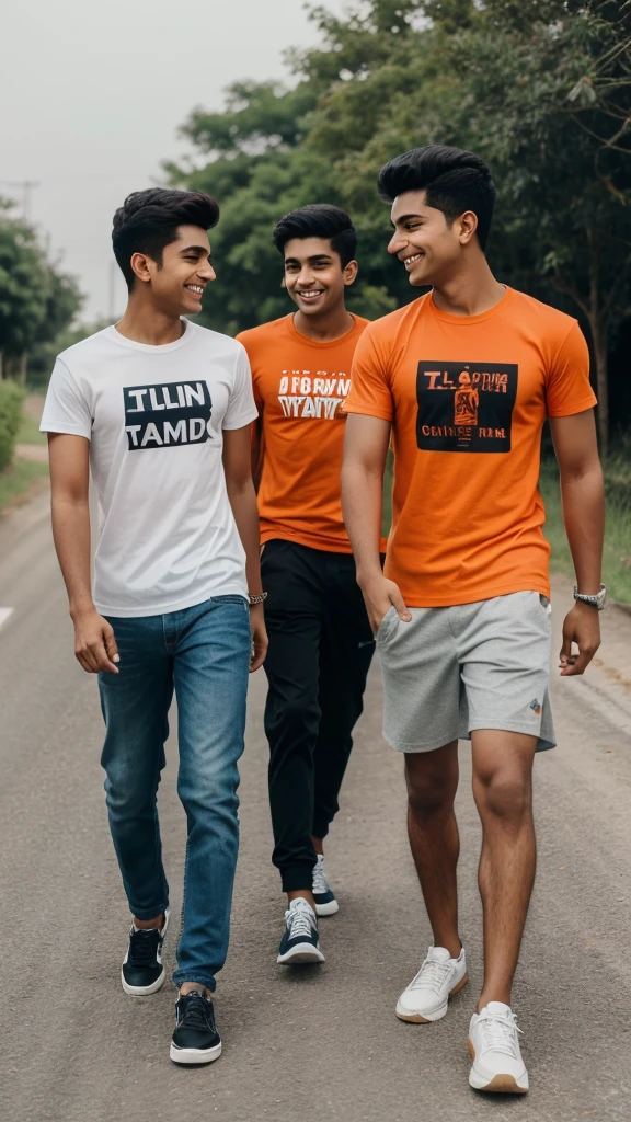 18 years old two indian boys walking on road, they are talking each other with laughing, first boy is wearing Orange T-shirt, with name “Ahad” and second boy wearing Black T-shirt, with Name “Samad” is written, realistic image, 4k quality image. the words best friends written at top sky , make sure there name should be visible in there tshirt