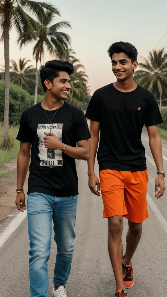 18 years old two indian boys walking on road, they are talking each other with laughing, first boy is wearing Orange T-shirt, with name “Ahad” and second boy wearing Black T-shirt, with Name “Samad” is written, realistic image, 4k quality image. the words best friends written at top sky , make sure there name should be visible in there tshirt