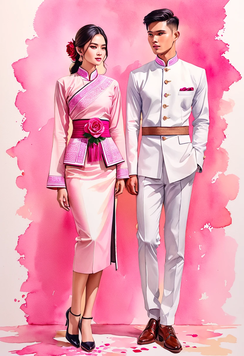 candid fashion illustration of two young man and women, 20-27 year old, adorned in a meticulously crafted North Thai Lanna traditional costume, ((showcase in cotton handwoven outfit in pink)), simple elegant style, The man wears a simple long-sleeved white mandarin collar suit, paired with Tailor pants, and oxford shoes, The woman complements him with ankle-length pencil skirt, with simple minimal patterns details, fitted intricately decorated (waist-length blouse) that complements the skirt,  Captured in full-body image, standing, ((the imperfect rose water-color backdrop)), sketching, realistic drawing, imperfect water color painting, fashion look book, fashion illustrator, sketch design, the image boasts high-quality, Lanna, North Thai traditional costume, natural pink.