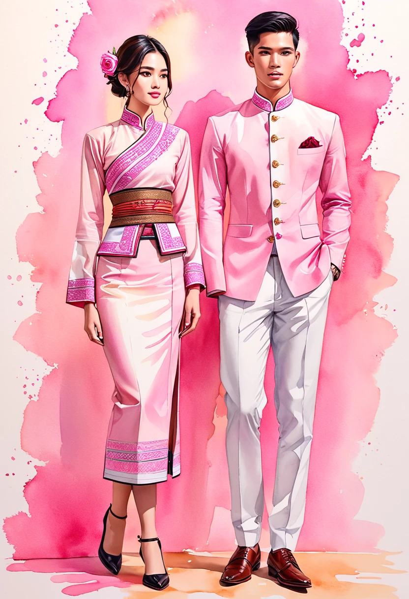 candid fashion illustration of two young man and women, 20-27 year old, adorned in a meticulously crafted North Thai Lanna traditional costume, ((showcase in cotton handwoven outfit in pink)), simple elegant style, The man wears a simple long-sleeved white mandarin collar suit, paired with Tailor pants, and oxford shoes, The woman complements him with ankle-length pencil skirt, with simple minimal patterns details, fitted intricately decorated (waist-length blouse) that complements the skirt,  Captured in full-body image, standing, ((the imperfect rose water-color backdrop)), sketching, realistic drawing, imperfect water color painting, fashion look book, fashion illustrator, sketch design, the image boasts high-quality, Lanna, North Thai traditional costume, natural pink.