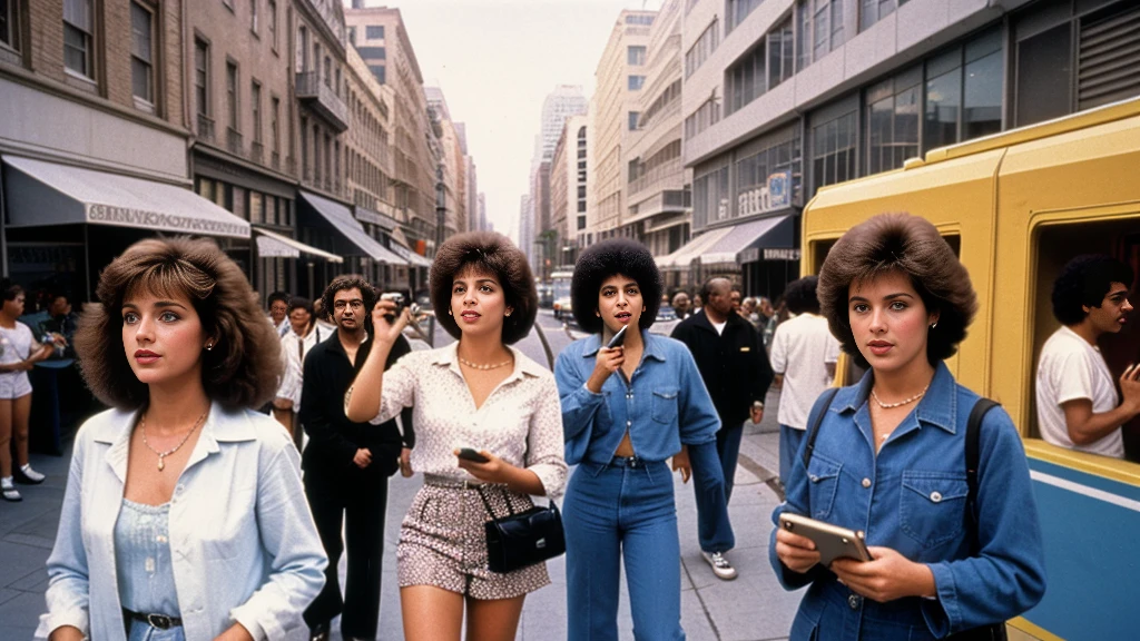 A 1980s street scene with various people using the first mobile phones, emphasizing its introduction to daily life.