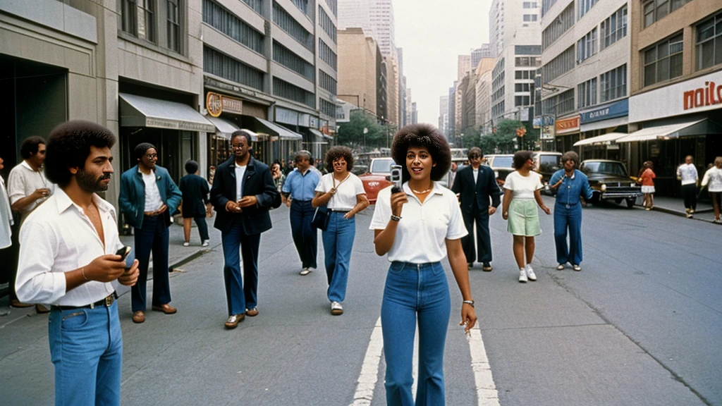 A 1980s street scene with various people using the first mobile phones, emphasizing its introduction to daily life.