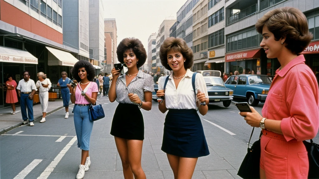  A 1980s street scene with various people using the first mobile phones, emphasizing its introduction to daily life.