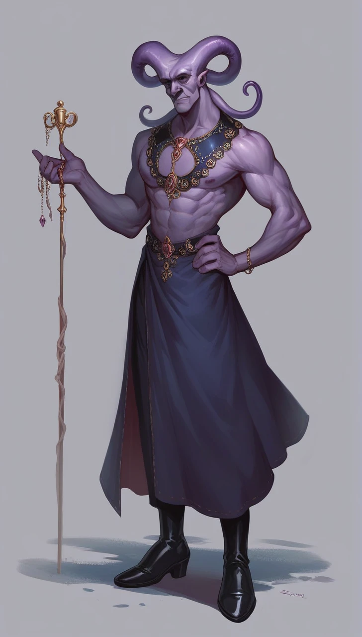 A full body concept art illustration of the Mind Flayer. The character has human-like proportions, being tall, slender, and muscular. The character hasOctopus-like head。The character has tentacles extending from its chin, and its skin is a light purple, almost blue color. The character wears elaborate, luxurious black academic robes, and ornate leather boots The hackaround is blank