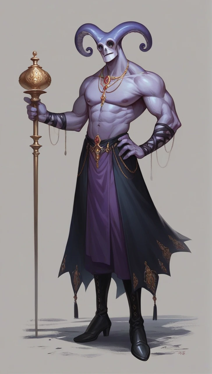 A full body concept art illustration of the Mind Flayer. The character has human-like proportions, being tall, slender, and muscular. The character hasOctopus-like head。The character has tentacles extending from its chin, and its skin is a light purple, almost blue color. The character wears elaborate, luxurious black academic robes, and ornate leather boots The hackaround is blank