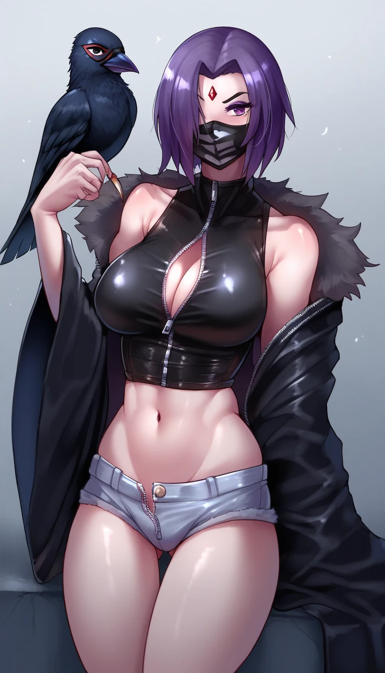 (zPDXL2), score_9_up, ((adult)), (Raven, Crow:1.2), (female, feathers, black feathers), with Center parted long black hairstyle, (wearing half mask, covers the 1eye), Top with a zipper, shows stomach, trousers, thigh visible, show legs, scene background, BREAK
AissistXLv2, unaestheticXL_bp5, SimplePositiveXLv2, zPDXL2 PonyXLV6_Scores