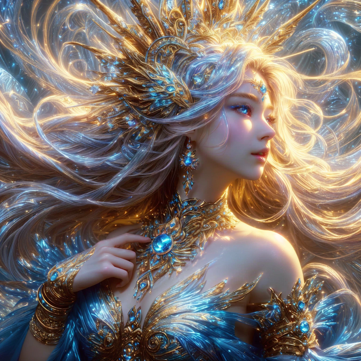 realistic woman , Close-up of a woman in a blue dress with lights shining behind her., extremely detailed , goddess, beautiful heavenly mage, High quality 8K detailed artwork., Argerm. anime illustration, Beautiful Fantasy Empress, beautiful devil girl, Fantasy anime artwork, beautiful goddess, Argerm style, Detailed digital anime art