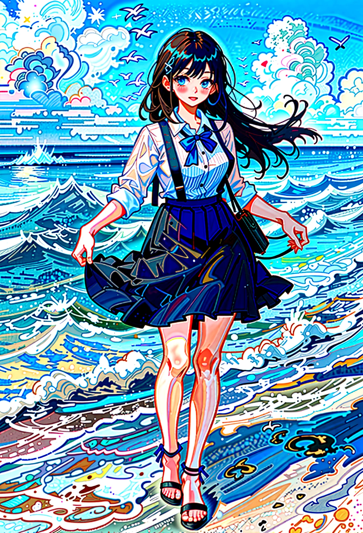 At the beachfront drink shop，Black hair girl，Wearing a blue striped suspender skirt