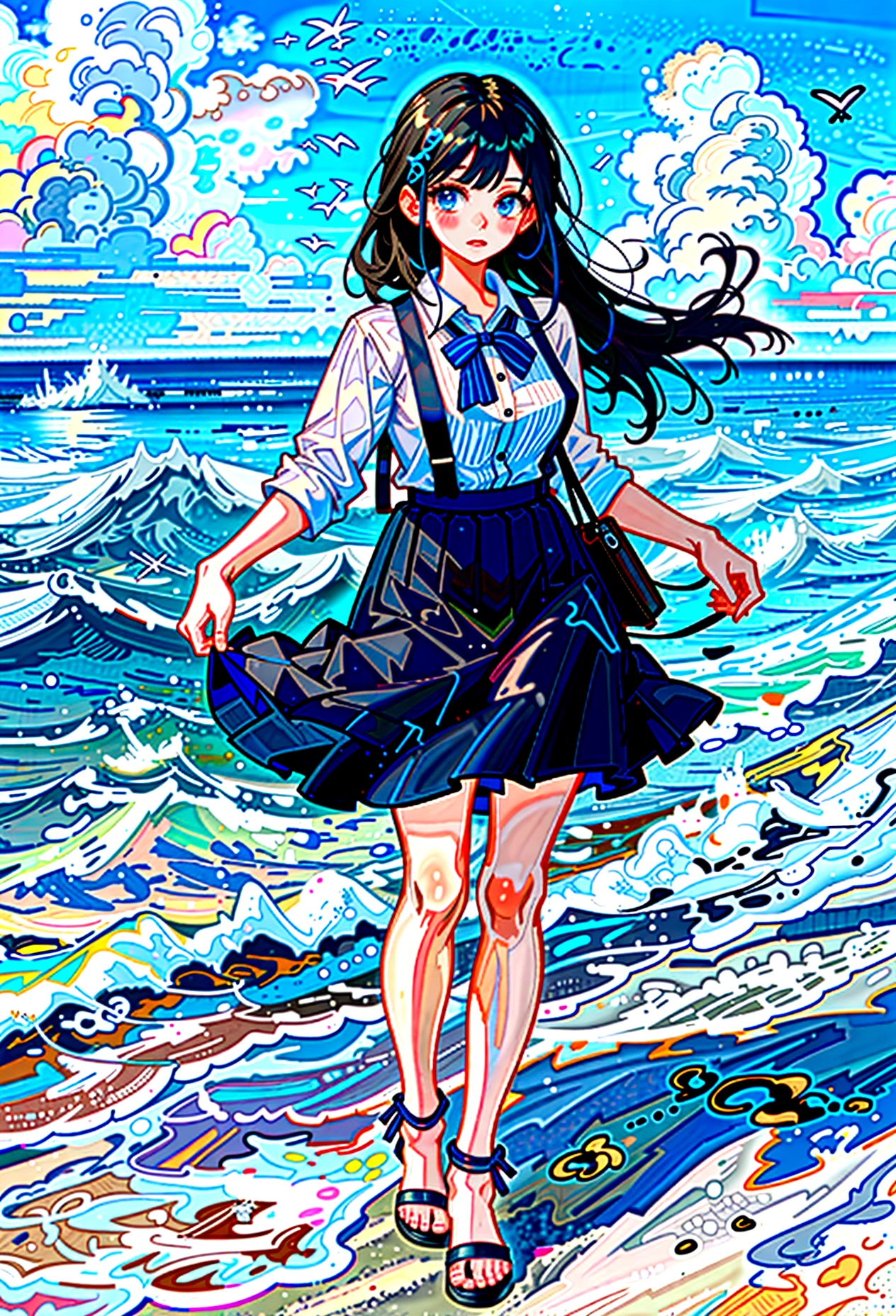 At the beachfront drink shop,Black hair girl,Wearing a blue striped suspender skirt