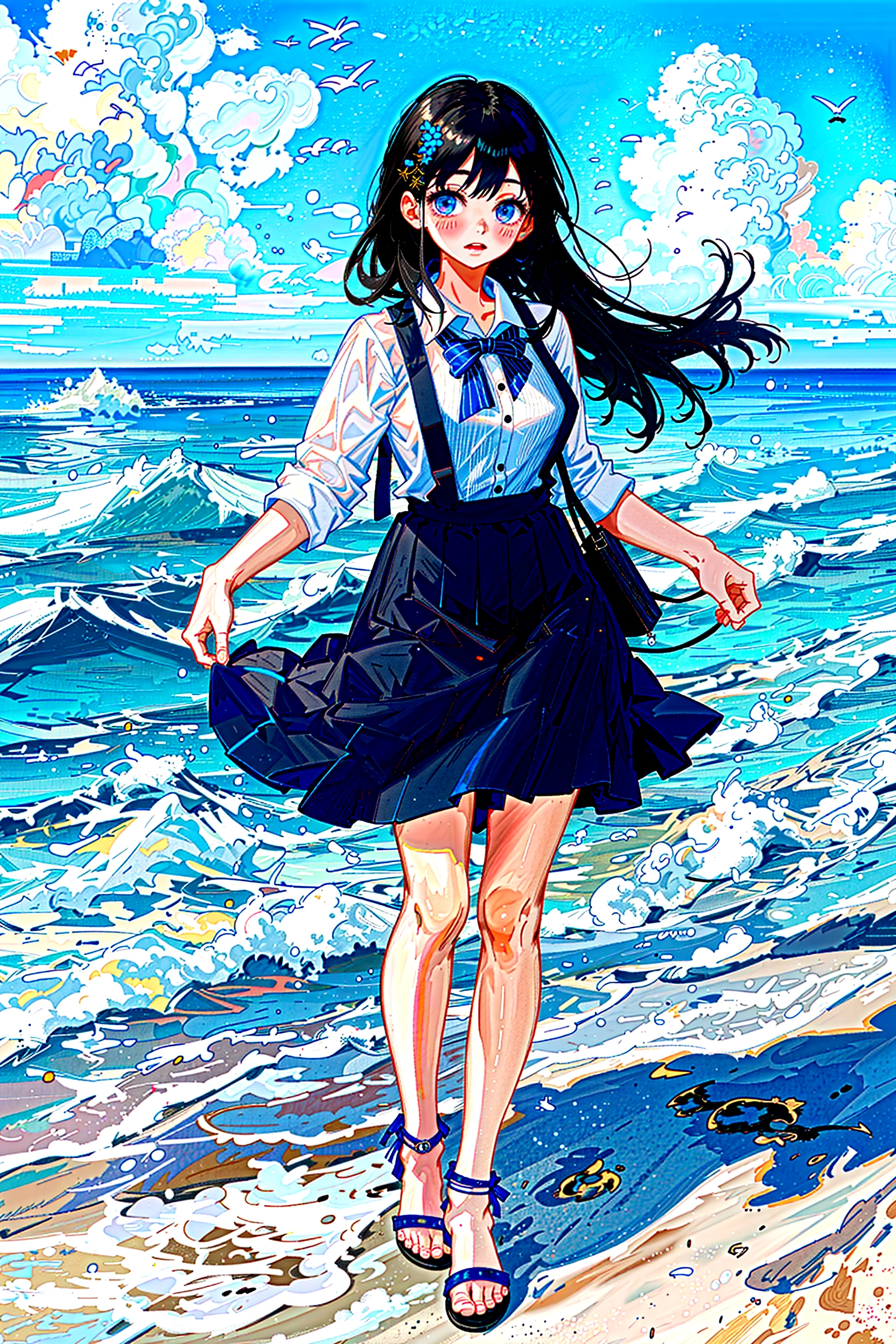 At the beachfront drink shop,Black hair girl,Wearing a blue striped suspender skirt