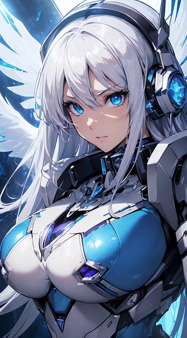 ((Extreme close up:1.6))、(((Lenses shining on both breasts:1.3)))、((A blue pillar of light emanates from both of his chests..:1.3))、break、(((Dynamic pose:1.8)))、smile、((8K)), ((32k)), ((Highest quality)), ((masterpiece)), ((超A high resolution)), ((Tmasterpiece)), ((Halation:1.4))、((Mechaニカルheadgear:1.2))、((Cyber Headphones:1.3))Fine skin, High quality fabric, High-quality metal texture、((Beautiful and dense face))、RAW Photos、Professional, Ultra-fine painting, ((alone)), Beautiful breasts、Highest quality, Very detailed, Very detailed詳細, Finer details, so beautiful, ((Princess Knight Robot:1.2)), (Joint of the machine, Mechanical Limbs:1.3), (The internal structure of the machine is exposed:1.3), (Long silver hair:1.1), (Beautiful and huge mechanical breasts)、White Veil, cowboy_shot, Side Focus, headgear, Shiny、(Five Fingers, Four fingers and thumb),Concept Art, Anime fantasy artwork, Detailed fantasy art, (with pale blue-violet hair and large white wings,,,,,,,,), (((Long silver hair))), (Mecha:1.6)、Sleek and intimidating design, ((Commander-in-Chief'arm)), (Perfect robot body)、純白と青紫のarmまたは, Symmetrical wings, 8K High Resolution, Detailed Art, 3D rendering of character art in 8K, neat legs, Defined, Defined fingers,((headshot:1.3))