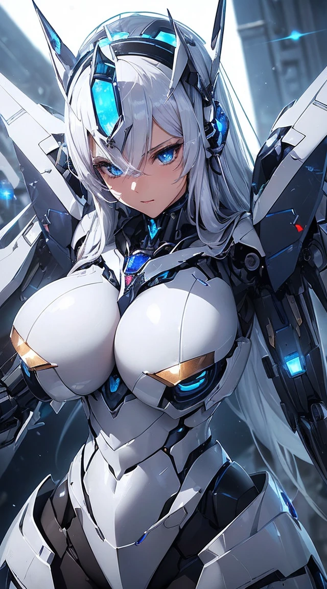 ((Extreme close up:1.6))、(((Lenses shining on both breasts:1.3)))、((A blue pillar of light emanates from both of his chests..:1.3))、break、(((Dynamic pose:1.8)))、smile、((8K)), ((32k)), ((Highest quality)), ((masterpiece)), ((超A high resolution)), ((Tmasterpiece)), ((Halation:1.4))、((Mechaニカルheadgear:1.2))、((Cyber Headphones:1.3))Fine skin, High quality fabric, High-quality metal texture、((Beautiful and dense face))、RAW Photos、Professional, Ultra-fine painting, ((alone)), Beautiful breasts、Highest quality, Very detailed, Very detailed詳細, Finer details, so beautiful, ((Princess Knight Robot:1.2)),  (Joint of the machine, Mechanical Limbs:1.3), (The internal structure of the machine is exposed:1.3), (Long silver hair:1.1), (Beautiful and huge mechanical breasts)、White Veil, cowboy_shot, Side Focus, headgear, Shiny、(Five Fingers, Four fingers and thumb),Concept Art, Anime fantasy artwork, Detailed fantasy art, (with pale blue-violet hair and large white wings,,,,,,,,), (((Long silver hair))), (Mecha:1.6)、Sleek and intimidating design, ((Commander-in-Chief&#39;arm)), (Perfect robot body)、純白と青紫のarmまたは, Symmetrical wings, 8K High Resolution, Detailed Art, 3D rendering of character art in 8K, neat legs, Defined, Defined fingers,((headshot:1.3))