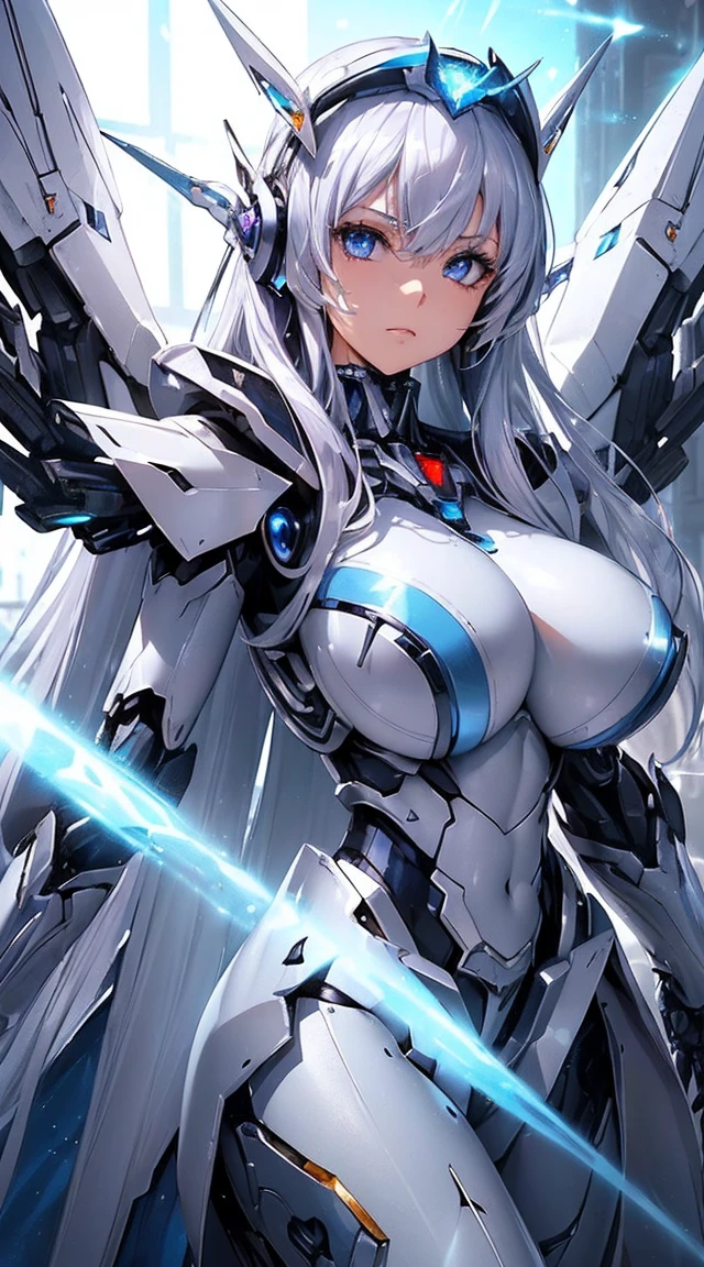 ((Extreme close up:1.6))、(((Lenses shining on both breasts:1.3)))、((A blue pillar of light emanates from both of his chests..:1.3))、break、(((Dynamic pose:1.8)))、smile、((8K)), ((32k)), ((Highest quality)), ((masterpiece)), ((超A high resolution)), ((Tmasterpiece)), ((Halation:1.4))、((Mechaニカルheadgear:1.2))、((Cyber Headphones:1.3))Fine skin, High quality fabric, High-quality metal texture、((Beautiful and dense face))、RAW Photos、Professional, Ultra-fine painting, ((alone)), Beautiful breasts、Highest quality, Very detailed, Very detailed詳細, Finer details, so beautiful, ((Princess Knight Robot:1.2)), (Joint of the machine, Mechanical Limbs:1.3), (The internal structure of the machine is exposed:1.3), (Long silver hair:1.1), (Beautiful and huge mechanical breasts)、White Veil, cowboy_shot, Side Focus, headgear, Shiny、(Five Fingers, Four fingers and thumb),Concept Art, Anime fantasy artwork, Detailed fantasy art, (with pale blue-violet hair and large white wings,,,,,,,,), (((Long silver hair))), (Mecha:1.6)、Sleek and intimidating design, ((Commander-in-Chief'arm)), (Perfect robot body)、純白と青紫のarmまたは, Symmetrical wings, 8K High Resolution, Detailed Art, 3D rendering of character art in 8K, neat legs, Defined, Defined fingers,((headshot:1.3))