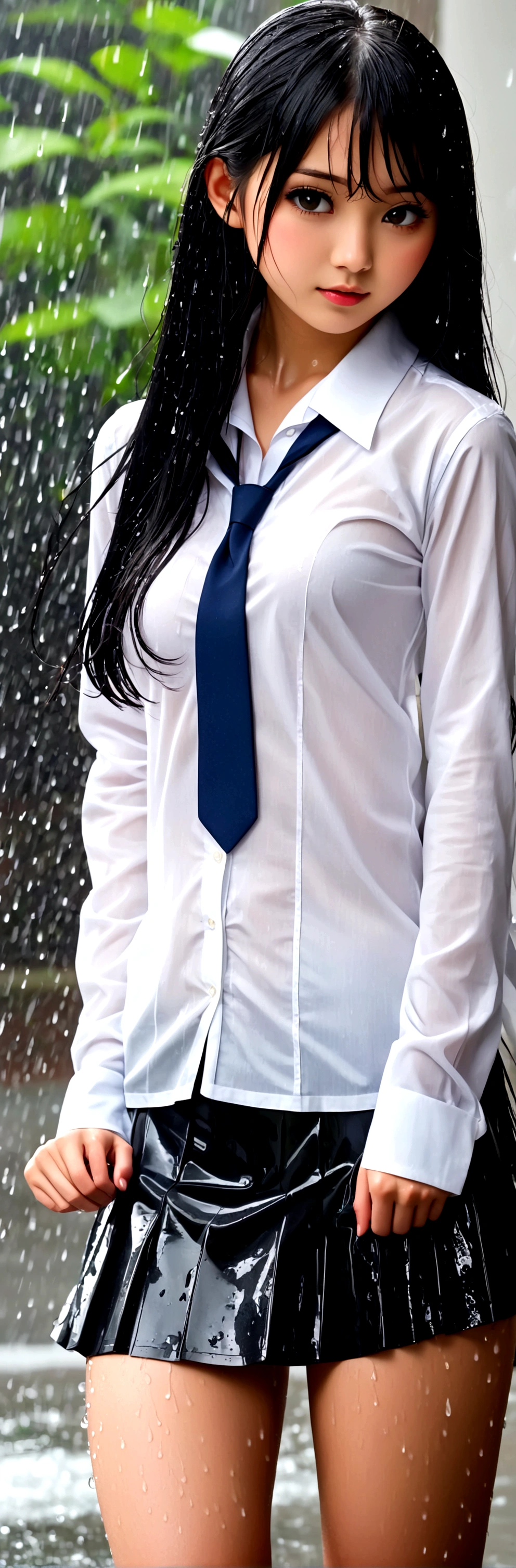 ((Nipples visible through a wet white shirt))、No underwear、Full body view、Long straight black hair、high school student、uniform、sexy、No bra、mini skirt、Japanese、、