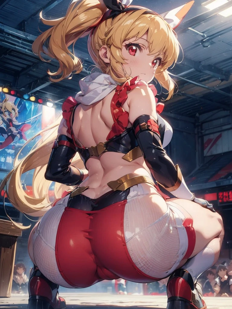 there is a cartoon female in white hot pants with her hip sticking out, (((raise ASS:1.7)),back shot,close up ass,(RED Ribbon on HAIRband:1.2),aikatsu,1 girls,in senki zesshou symphogear style , Blonde long hair,black and RED battle suit,BREAK,ultra-definition, high resolution, ultra-detail CG,caustics, Live stage, in front of super large vision, singing, Battle pose,thgear, 1girl, solo, tachibana hibiki (symphogear), medium breasts, navel, headgear, gloves, gauntlets, body suit, shorts, white scarf,Ichigo Hoshimiya (Aikatsu!),sitting, squating, looking down, look at the  viewer, from below