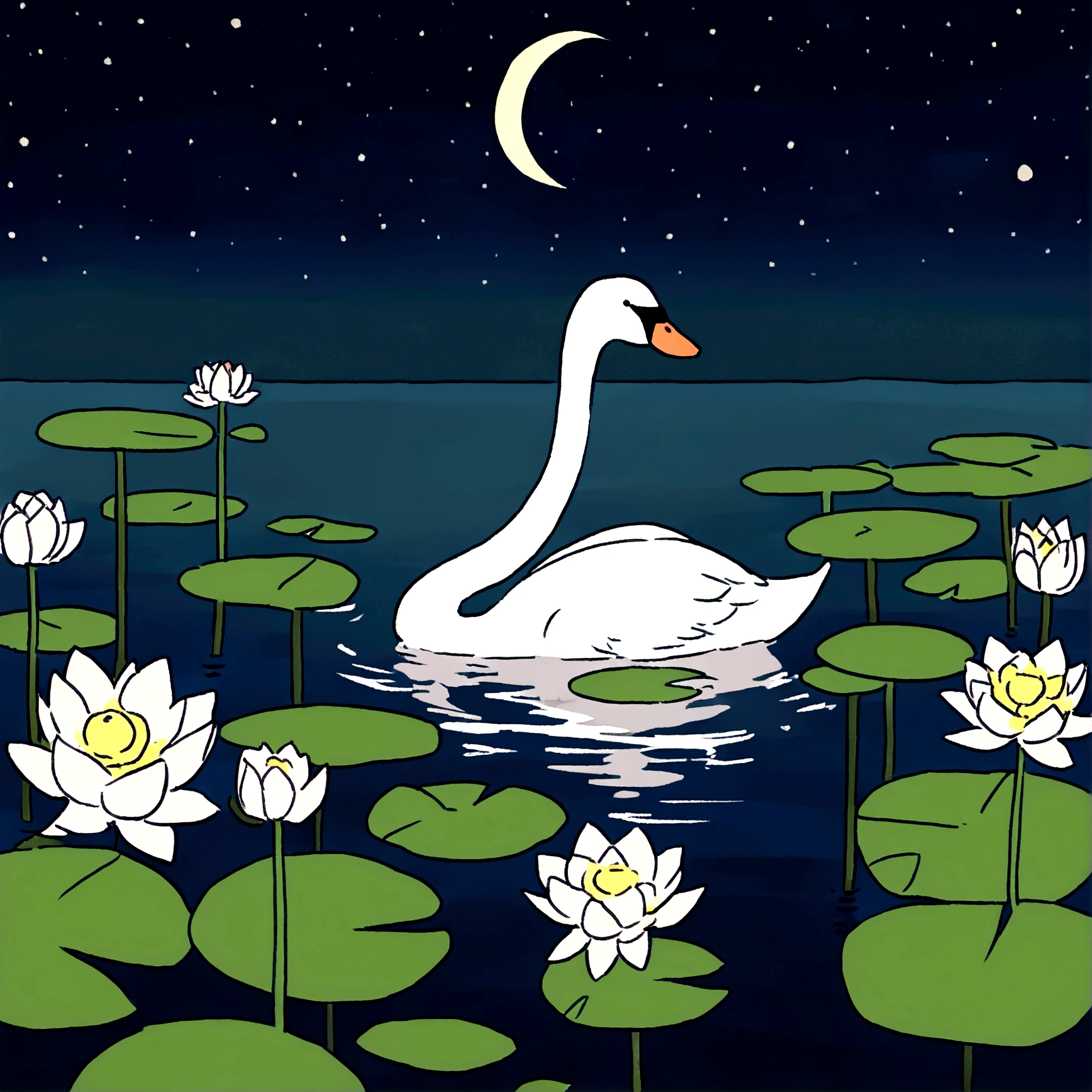 A swan 🦢 looking at his dead mate swan reflection on the lake, ((lotus)), ((night time)),