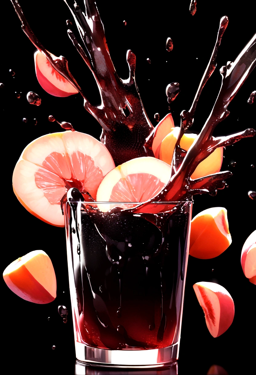 Glass of black cola, Pink peaches burst, sending black juice flying everywhere.., Ice Splash、Black background