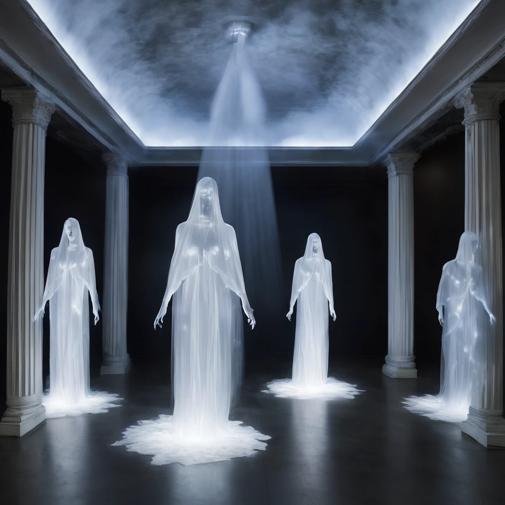 Take you into a ghostly illusion world，Among them, the ethereal and translucent demon specimen floats in the air, Creates an eerie and spooky atmosphere. the work invites viewers to interact with the ghostly figures, Experience their unforgettable presence up close. The use of lighting and spatial arrangement adds depth and dimension to the installation, Evoke a sense of wonder and unease. 