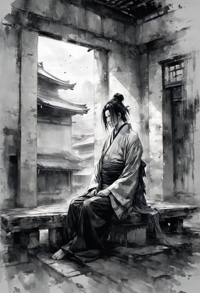 Black and white painting,Ink Painting,male、splash,Disheveled long hair、,Countryside Kimono,Sitting cross-legged,seppuku,Seppuku,