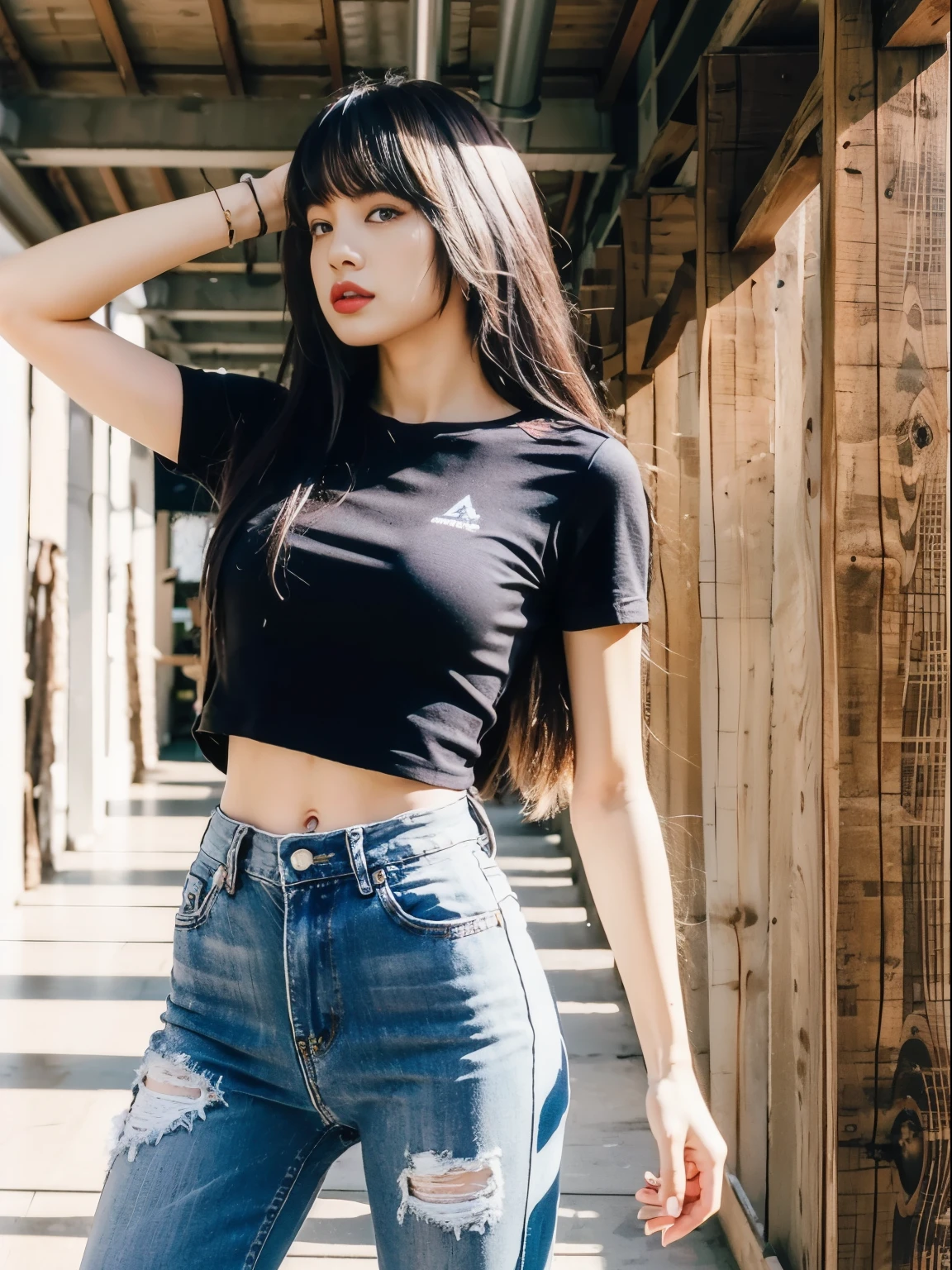 Lisa long hair, Lisa Face Shape, American retro sportswear, Cropped tight T-shirt, Digital printing, Denim ripped pants, Sexy, Long legs, Standing posture, masterpiece, superlative, Practical, HD, Natural sunlight, 16K