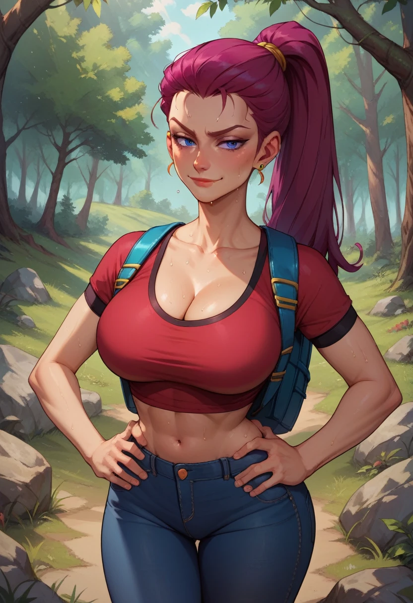score_9, score_8_up, score_7_up, score_6_up, BREAK Jessie, wearing hiking outfit, backpack, cleavage, big breasts, seductive smirk, hands holding own hips, sweating, wide hips, big ass, in a forest, jeans, long sleeved shirt, tugging at clothes