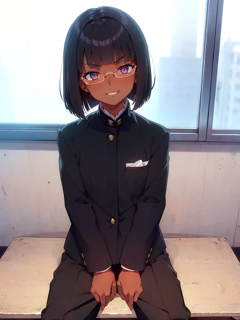 (1 girl solo),(dark skin:1.5),(masterpiece:1.2), highest quality, High resolution, unity 8k wallpaper, (fine and beautiful eyes:1.6), highly detailed face, perfect lighting, Detailed CG, (perfect hands, perfect anatomy),20 years old, (black hair:1.3), detailed eyes, best quality, extremely detailed, very precise detailed, (glasses:1.4), , (straight hair:1.5), (evil smile:1.4) ,long sidelocks, (blush:1.3),(gakuran,long pants:1.5),(very short pixie cut:1.4),(blunt bangs:1.4), (greaming skin:1.3),(in class room:1.3),(sit on desk:1.4),(spread legs:1.5),(flat chest:1.3)