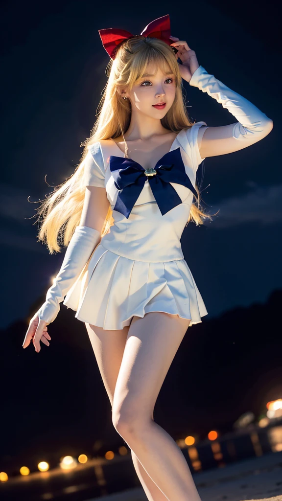 Create a highly detailed image of a character inspired by Sailor Venus from the Sailor Moon series. She is standing in an elegant pose, wearing her traditional sailor scout uniform which includes a white bodice with a large orange bow at the chest, a orange collar with white stripes, and a orange skirt. Instead of her usual white socks, she is wearing sleek, black stockings that accentuate her legs. Her long, flowing blonde hair is styled with a red bow on top. She has blue eyes, a confident smile, and her signature red bow earrings. The background is a vibrant night sky filled with twinkling stars and a crescent moon, capturing the magical and celestial essence of the series. The overall style should be dynamic and vibrant, capturing the action-packed and magical nature of the character.
