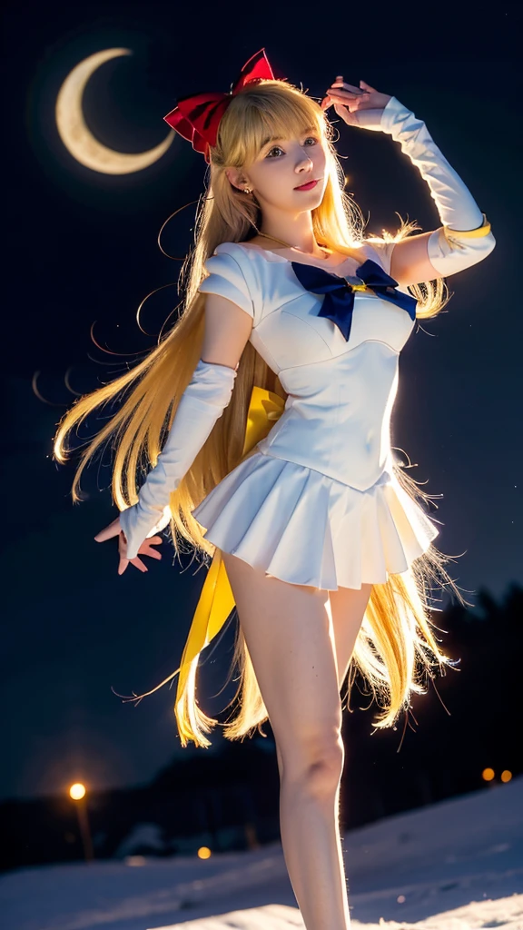 Create a highly detailed image of a character inspired by Sailor Venus from the Sailor Moon series. She is standing in an elegant pose, wearing her traditional sailor scout uniform which includes a white bodice with a large orange bow at the chest, a orange collar with white stripes, and a orange skirt. Instead of her usual white socks, she is wearing sleek, black stockings that accentuate her legs. Her long, flowing blonde hair is styled with a red bow on top. She has blue eyes, a confident smile, and her signature red bow earrings. The background is a vibrant night sky filled with twinkling stars and a crescent moon, capturing the magical and celestial essence of the series. The overall style should be dynamic and vibrant, capturing the action-packed and magical nature of the character.