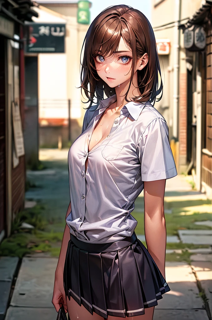 ((Perfect Anatomy:1.2,Realistic:1.3,Raw photo:1.3,masterpiece、Highest quality、Ultra - High resolution、High resolution、Extremely detailed CG、8K)),Cowboy Shot,1 female,alone,18-year-old、High school girl beautiful girl,Japanese,((Beautiful and exquisite face and eyes:1.2,Big beautiful eyes:1.3,)),Brown Hair,Medium Hair,Big breasts,Slender body,Small Head:1.3,skinny,(White skin:1.4),(Oily skin,Glowing Skin,Shiny skin,Sweat:1.2),(school uniform、White shirt、Checkered pleated mini skirt),Are standing,Dirty back alley、At night、Tokyo、A little cleavage is exposed