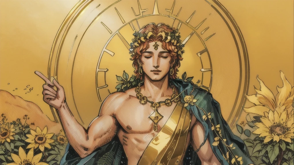 (top quality, masterpiece), (Tarot, Tarot card,:1.1) : Caring figure, surrounded by symbols of abundance and healing.. Drawing a male Apollo in a lush garden., laurel wreath on the head, Exudes trusting energy、Surrounded by nature, Golden, upper body, Gold Frame