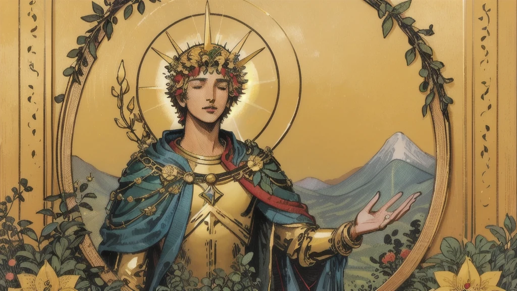 (top quality, masterpiece), (Tarot, Tarot card,:1.1) : Caring figure, surrounded by symbols of abundance and healing.. Drawing a male Apollo in a lush garden., laurel wreath on the head, Exudes trusting energy、Surrounded by nature, Golden, upper body, Gold Frame