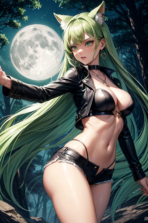 Draw Bella, a female character with long green hair, thin green eyebrows, greeneyes, breasts small, Waist slender, big and hot ass, shapely thighs.

She is wielding earth element magic in the woods near a cliff during a full moon night..

She is dressed in a very sexy black leather jacket and very short shorts showing off her hot ass. Also wearing black gloves, Max witchcraft necklace and earrings.

Making a sexy pose showing her perky ass to the camera and touching her perky ass with her hands. 

You can see the magic of the earth hovering in the air reflecting the moonlight.
